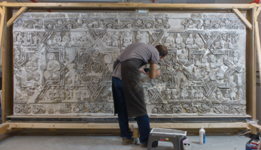 Carved and molded monumental stucco panel with figural scenes. Iran, Seljuk period, twelfth century (one of three panels).